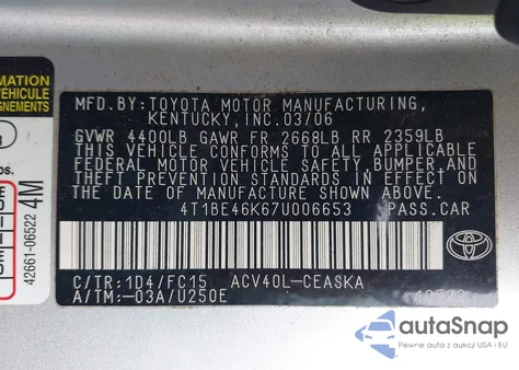 2007 Toyota Camry Se from USA, damaged, VIN 4T1BE46K67U006653